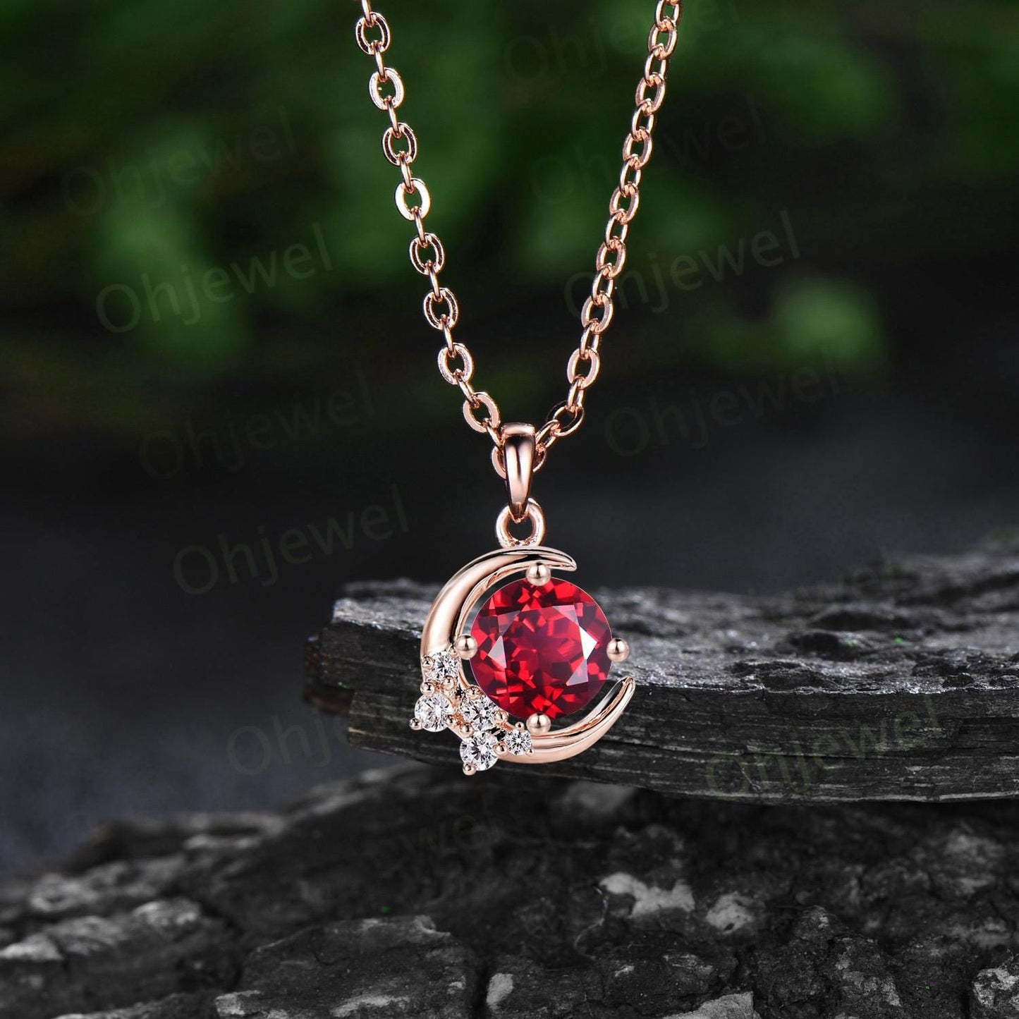 Vintage round red ruby necklace 14k rose gold Personalized moon cluster diamond unique Pendant women gemstone anniversary gift for her