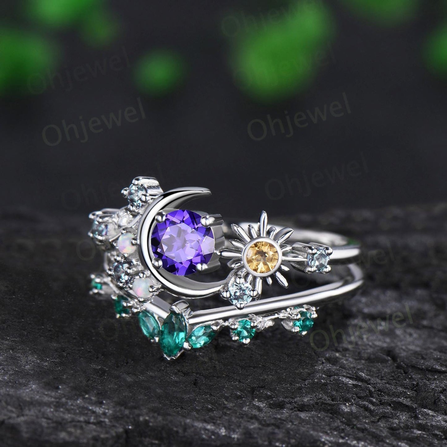 Vintage round purple sapphire moon engagement ring white gold sun citrine opal alexandrite leaf wedding bridal ring set women jewelry