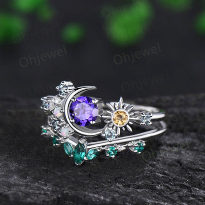 Vintage round purple sapphire moon engagement ring white gold sun citrine opal alexandrite leaf wedding bridal ring set women jewelry