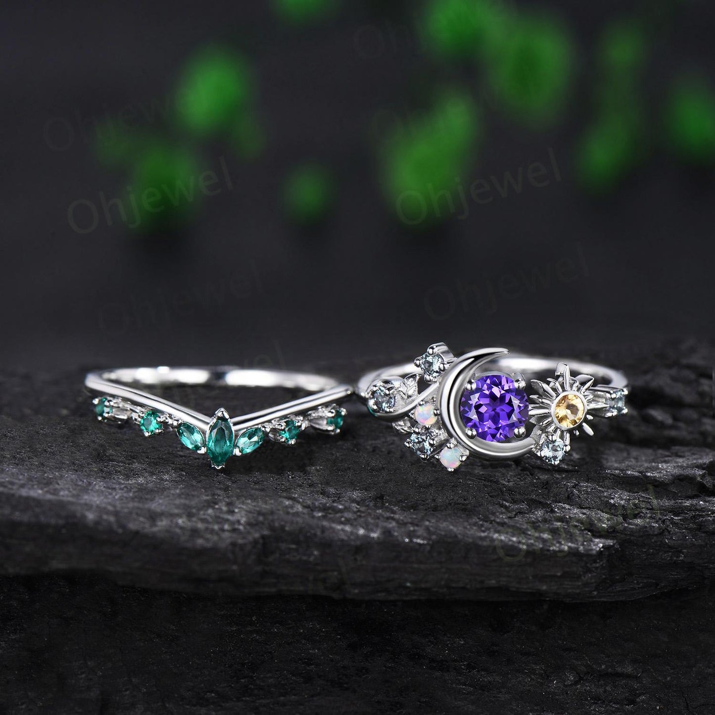 Vintage round purple sapphire moon engagement ring white gold sun citrine opal alexandrite leaf wedding bridal ring set women jewelry