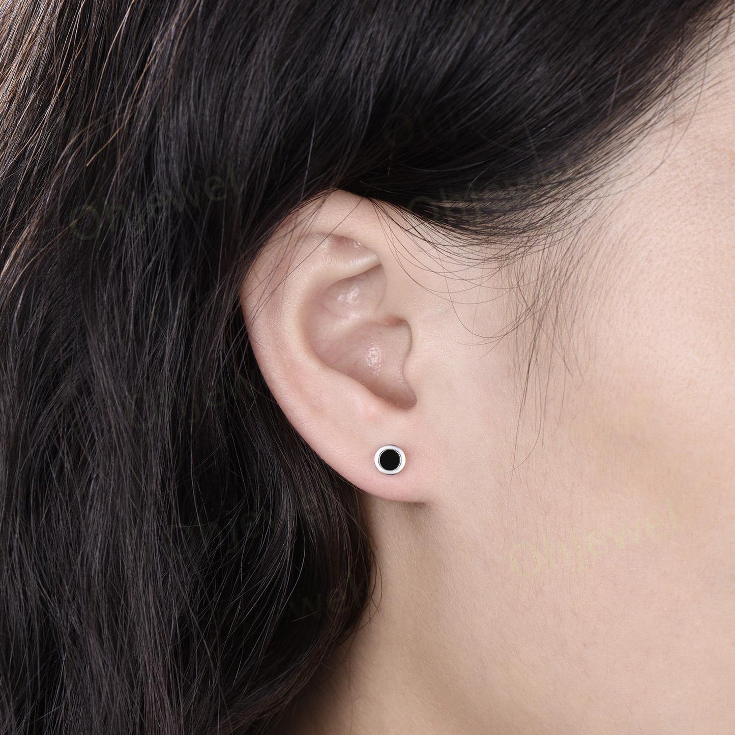Bezel round black onyx earrings solid 14k white gold vintage stud earrings women minimalist dainty wedding anniversary gift silver