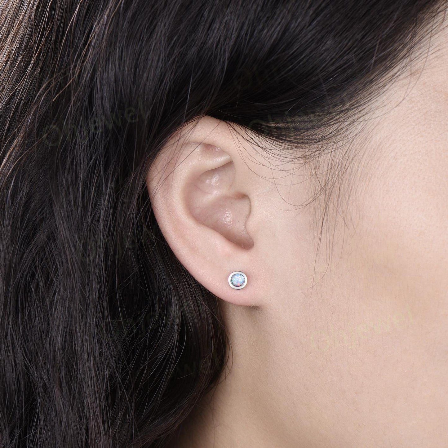 Bezel round opal earrings solid 14k white gold vintage stud earrings women minimalist dainty wedding anniversary gift silver
