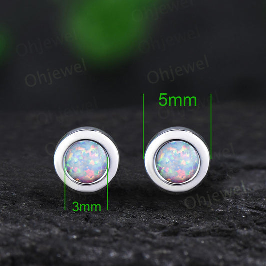 Bezel round opal earrings solid 14k white gold vintage stud earrings women minimalist dainty wedding anniversary gift silver