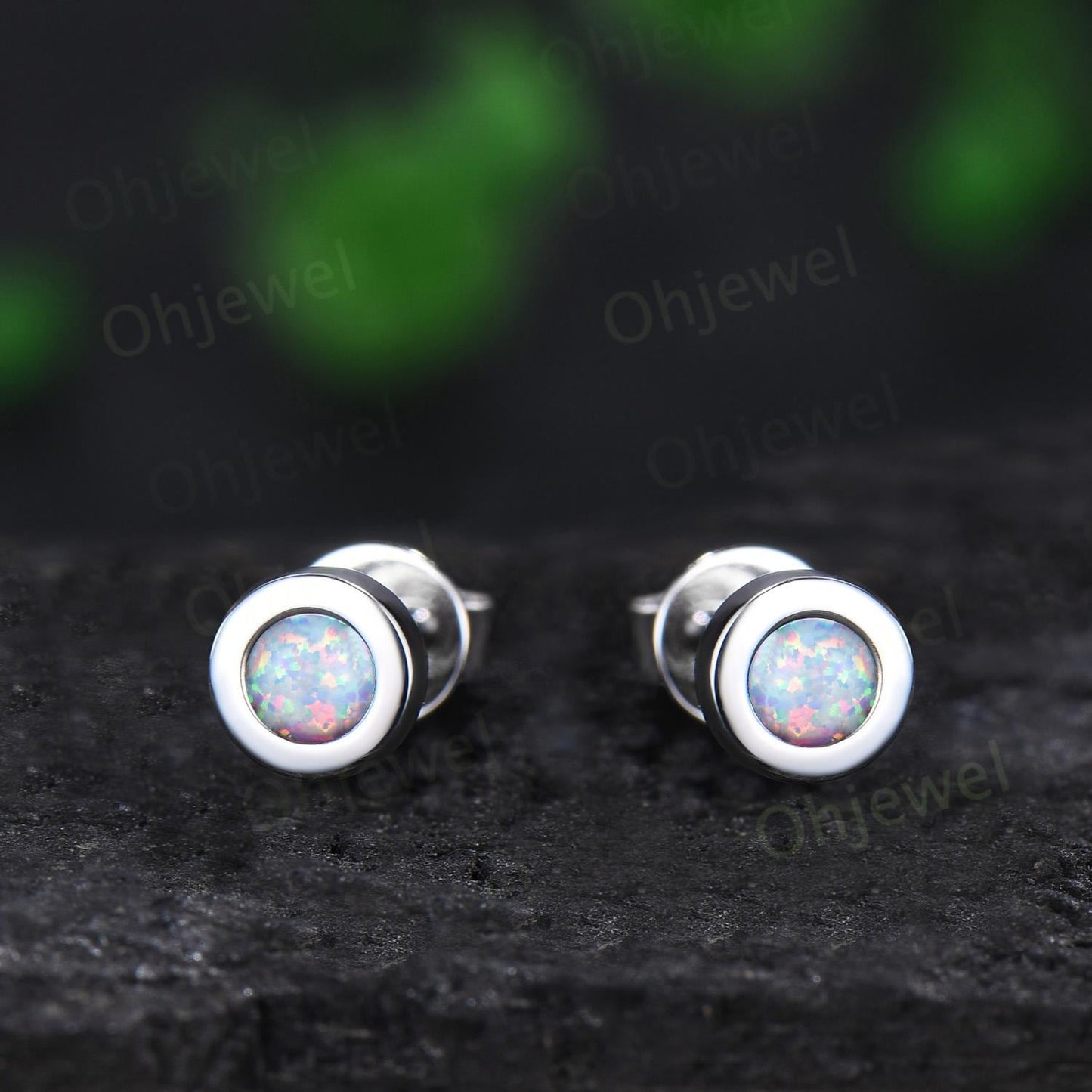 Bezel round opal earrings solid 14k white gold vintage stud earrings women minimalist dainty wedding anniversary gift silver