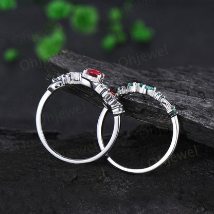 Vintage round red ruby moon engagement ring white gold sun opal alexandrite leaf wedding bridal ring set women jewelry