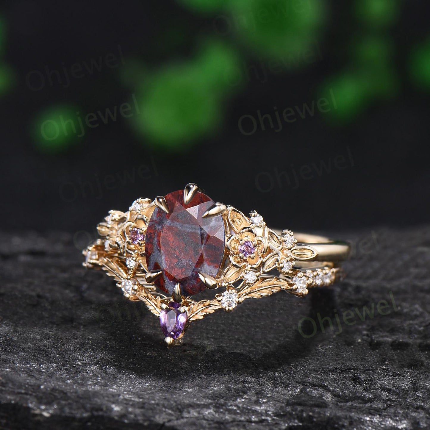 Oval cut bloodstone engagement ring 6 prong floral leaf amethyst wedding ring set women anniversary gift silver