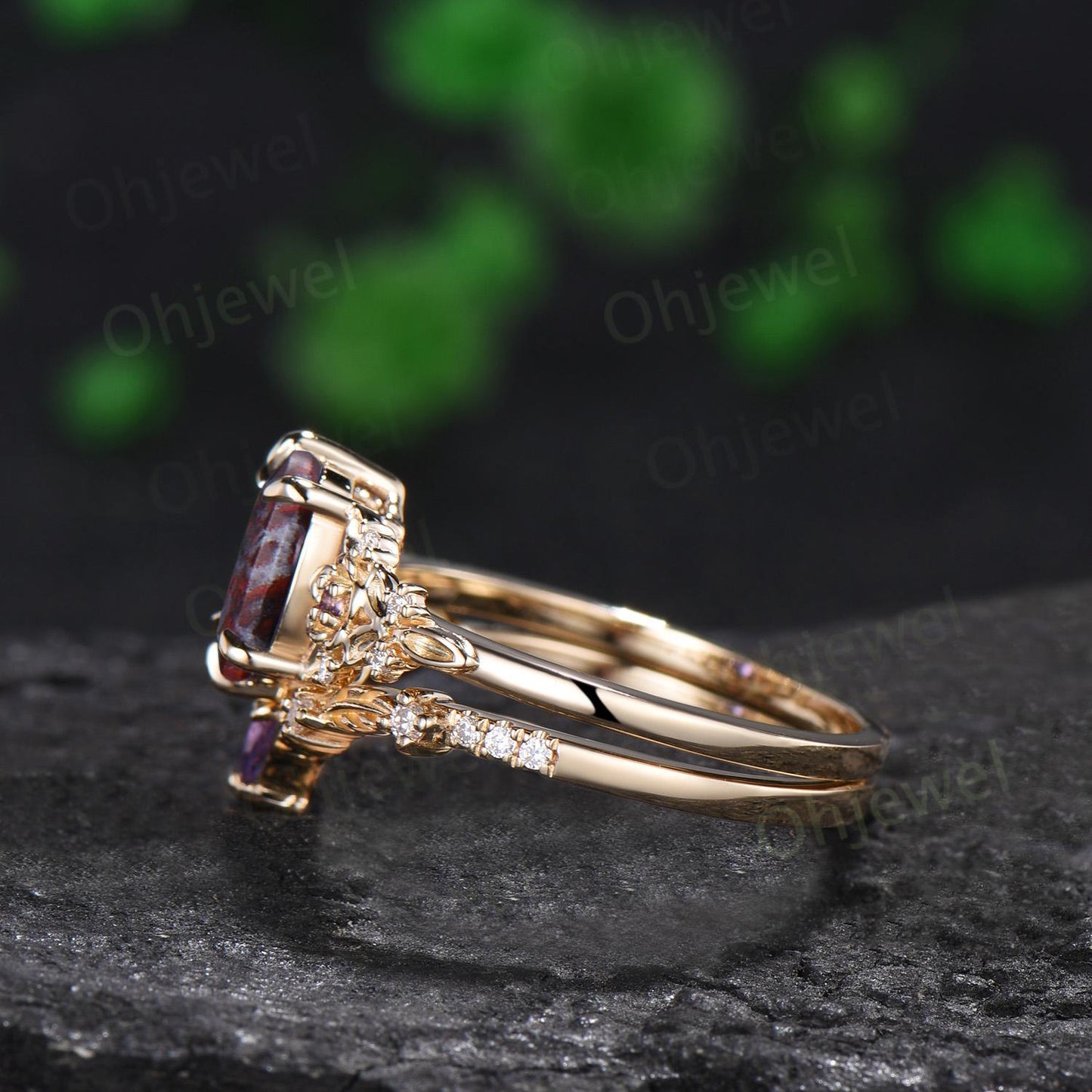 Oval cut bloodstone engagement ring 6 prong floral leaf amethyst wedding ring set women anniversary gift silver
