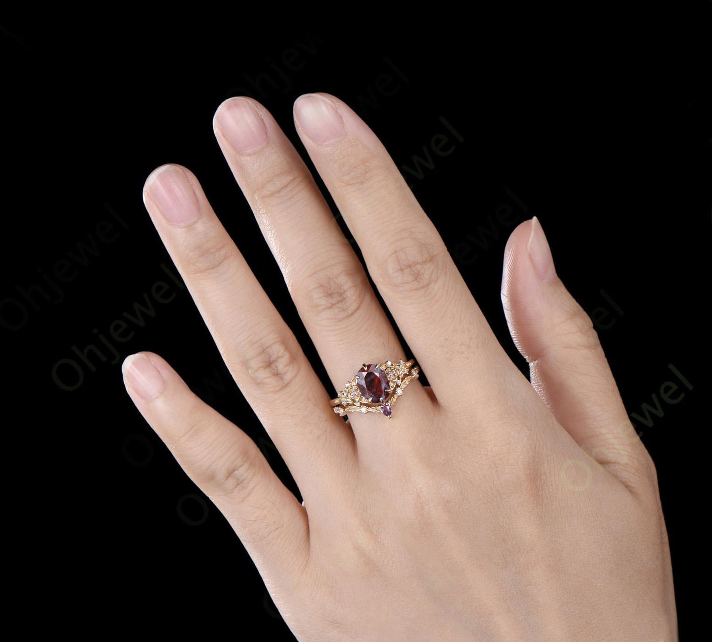 Oval cut bloodstone engagement ring 6 prong floral leaf amethyst wedding ring set women anniversary gift silver