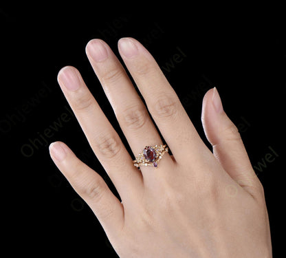 Oval cut bloodstone engagement ring 6 prong floral leaf amethyst wedding ring set women anniversary gift silver