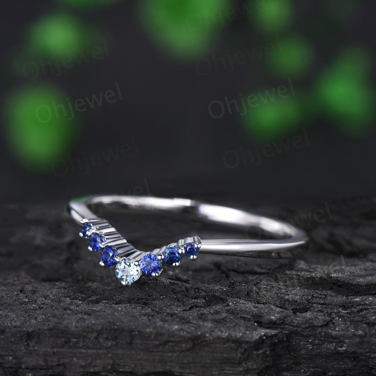Aquamarine sapphire wedding band curved moissanite bridal ring solid 10k 14k 18k white gold stacking matching band women