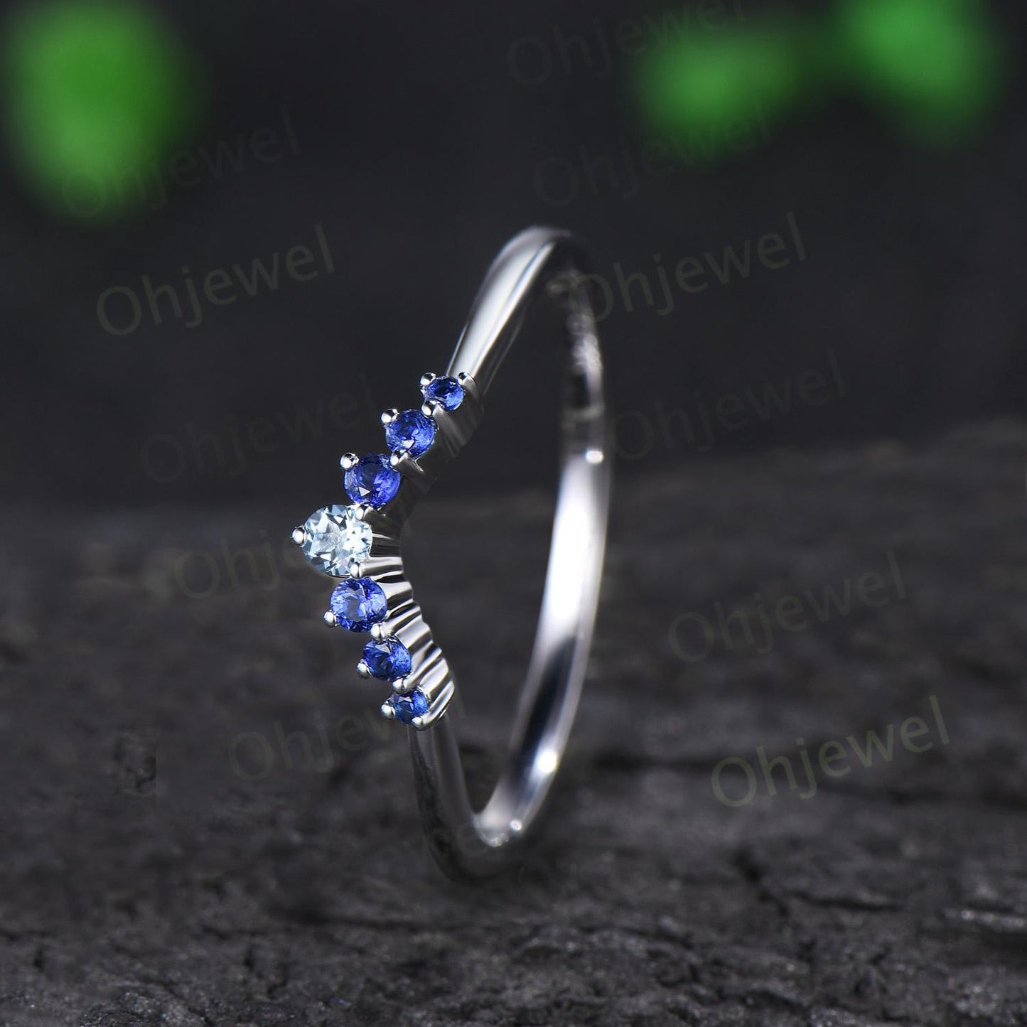 Aquamarine sapphire wedding band curved moissanite bridal ring solid 10k 14k 18k white gold stacking matching band women