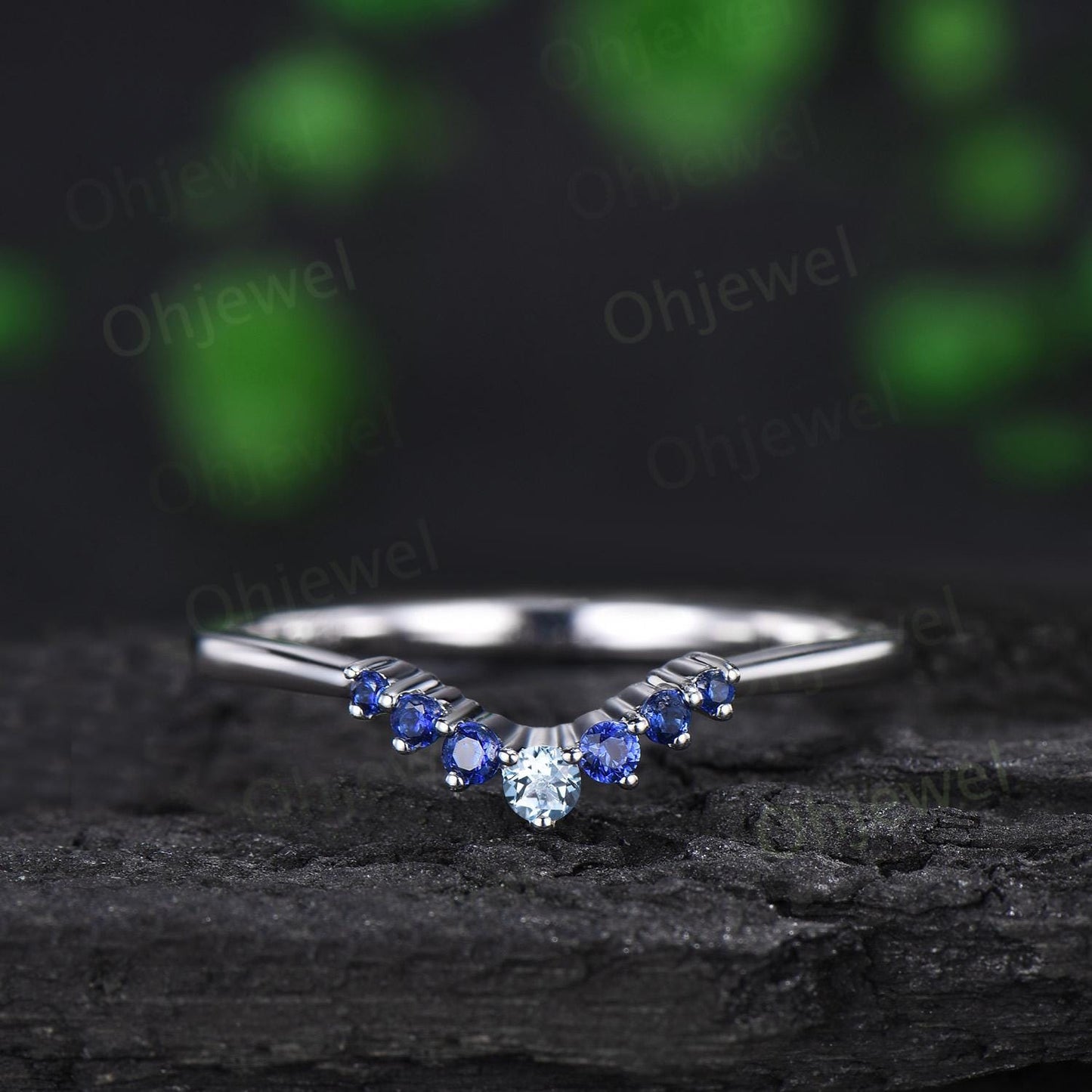 Aquamarine sapphire wedding band curved moissanite bridal ring solid 10k 14k 18k white gold stacking matching band women