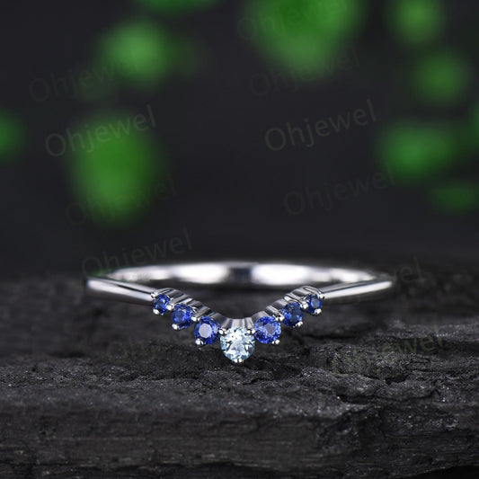 Aquamarine sapphire wedding band curved moissanite bridal ring solid 10k 14k 18k white gold stacking matching band women