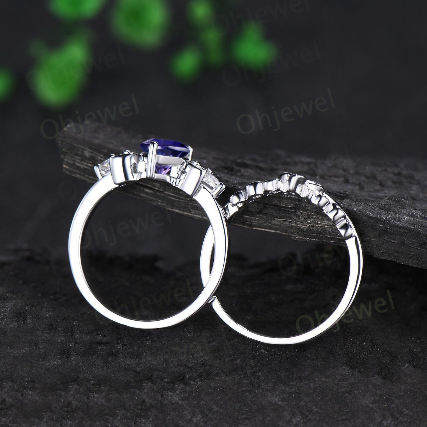 Pear fireworks cut purple sapphire engagement ring 14k white gold kite celtic knot moissanite moon bridal wedding ring set women jewelry