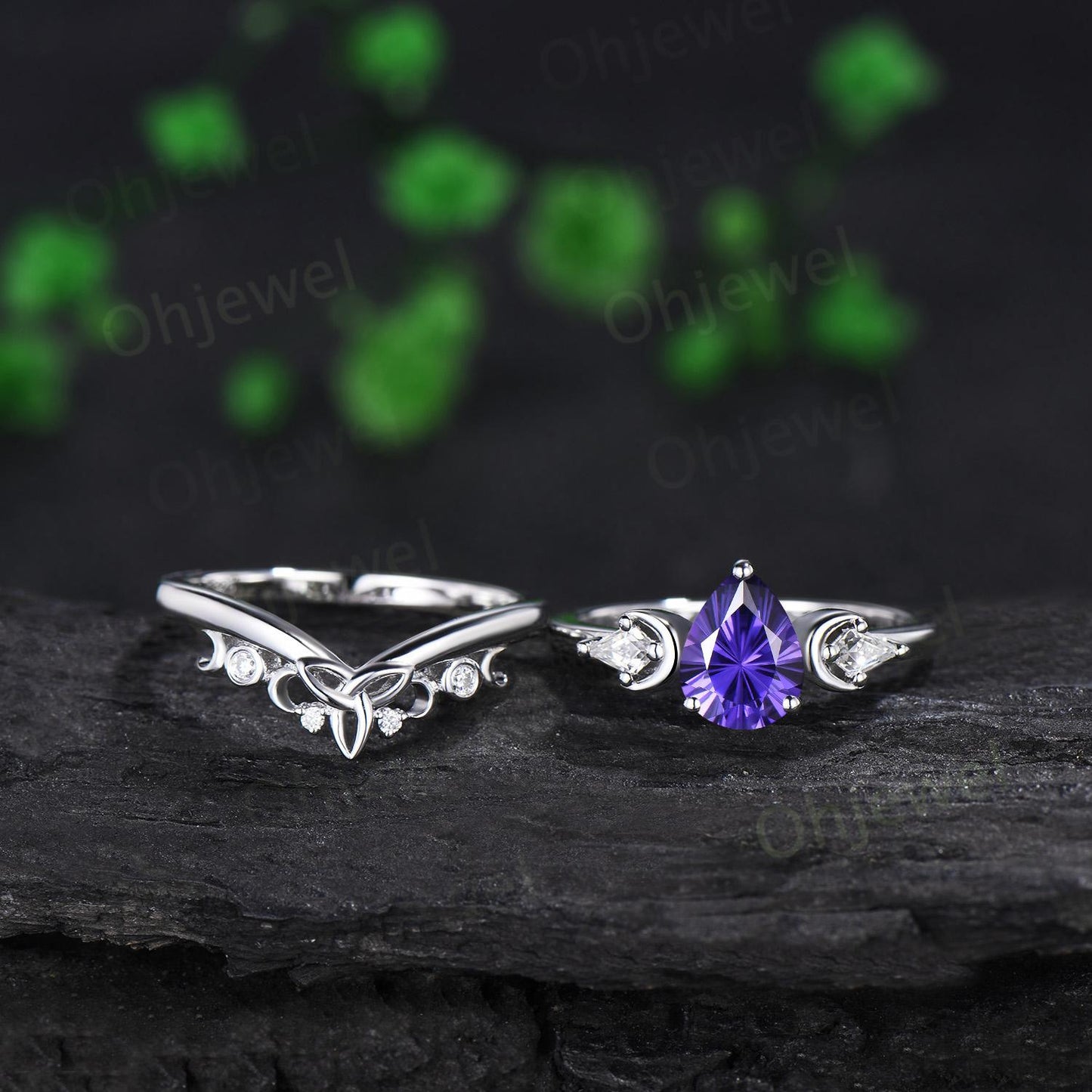 Pear fireworks cut purple sapphire engagement ring 14k white gold kite celtic knot moissanite moon bridal wedding ring set women jewelry