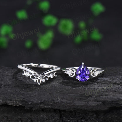 Pear fireworks cut purple sapphire engagement ring 14k white gold kite celtic knot moissanite moon bridal wedding ring set women jewelry