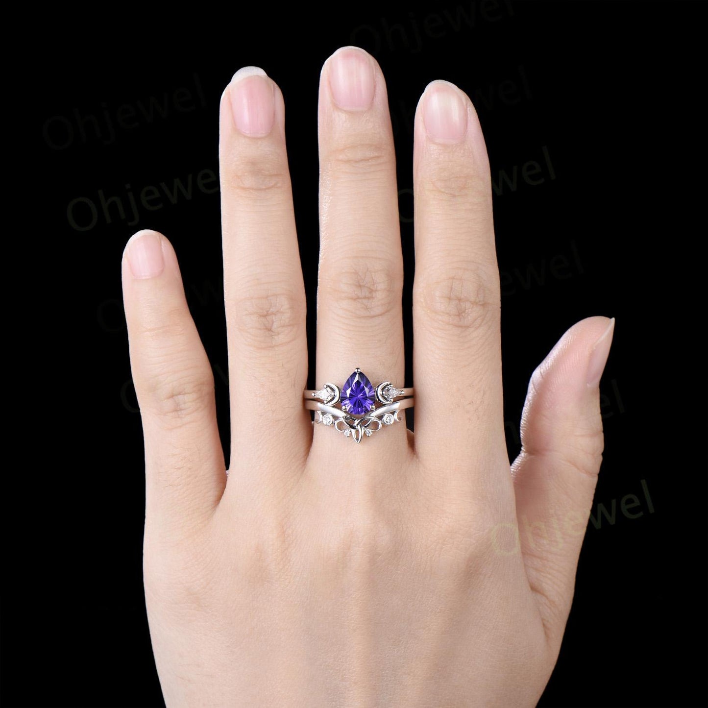 Pear fireworks cut purple sapphire engagement ring 14k white gold kite celtic knot moissanite moon bridal wedding ring set women jewelry
