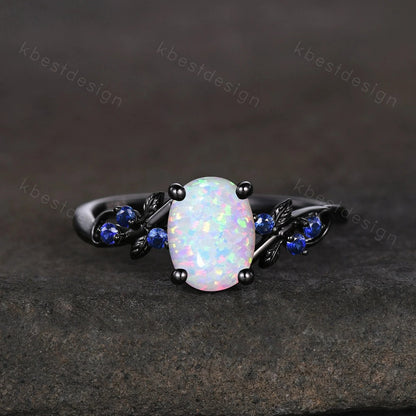 Vintage oval opal engagement ring set black gold rings unique opal blue sapphire wedding ring art deco branch leaf ring promise ring set