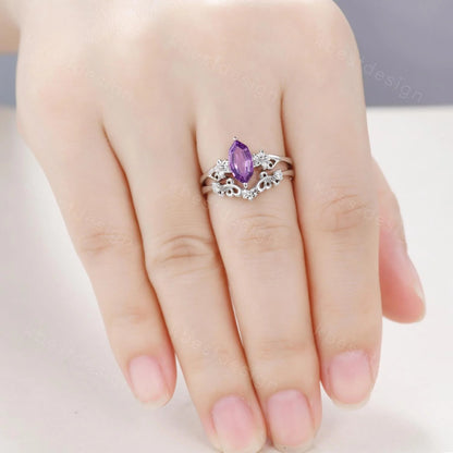 Antique Amethyst Engagement Ring Floral Hexagon cut Amethyst Bridal Set Unique Curved Moissanite Wedding Ring Anniversary Promise Gift