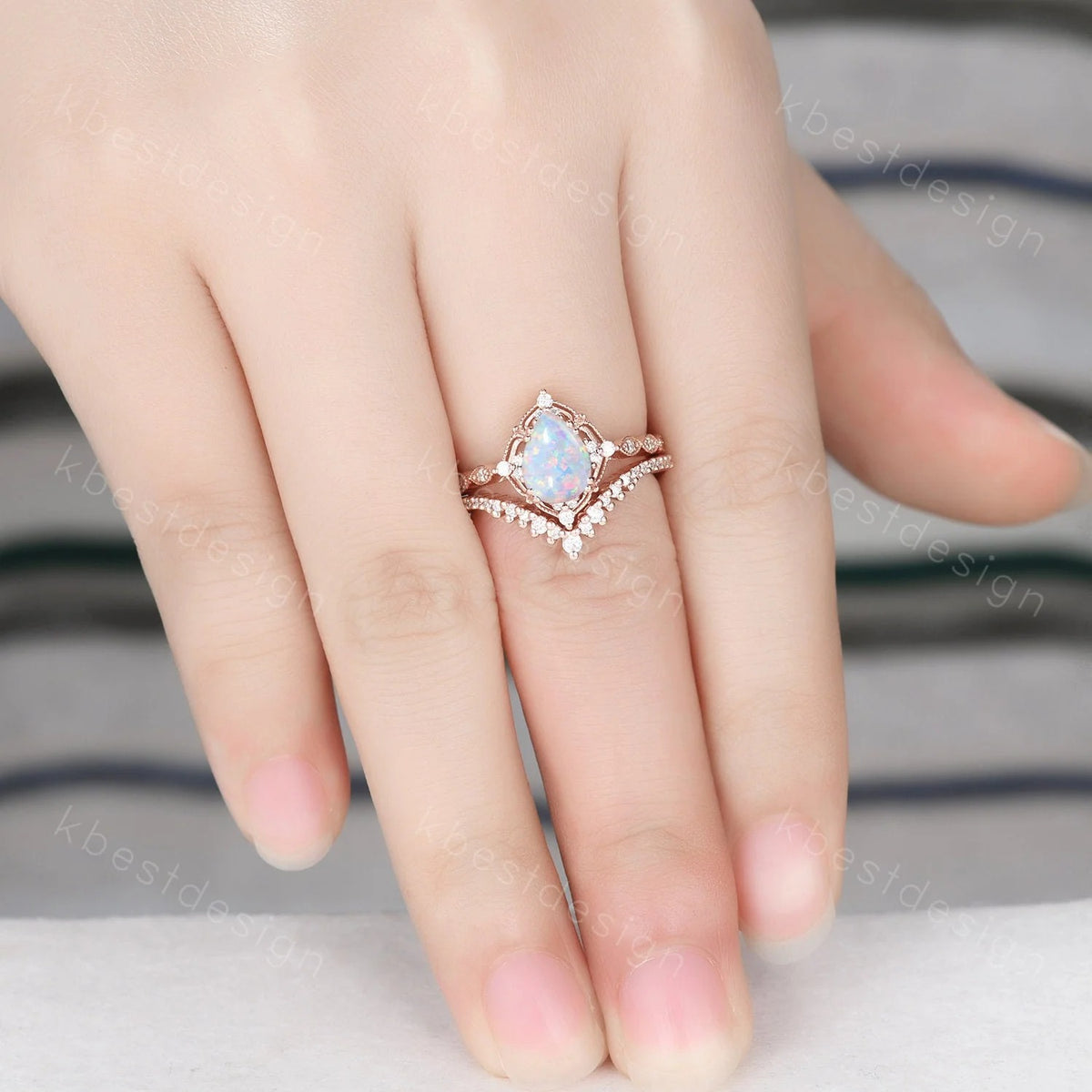 Pear shaped Opal engagement ring set rose gold opal ring vintage moissanite wedding ring October birthstone ring unique bridal wedding set