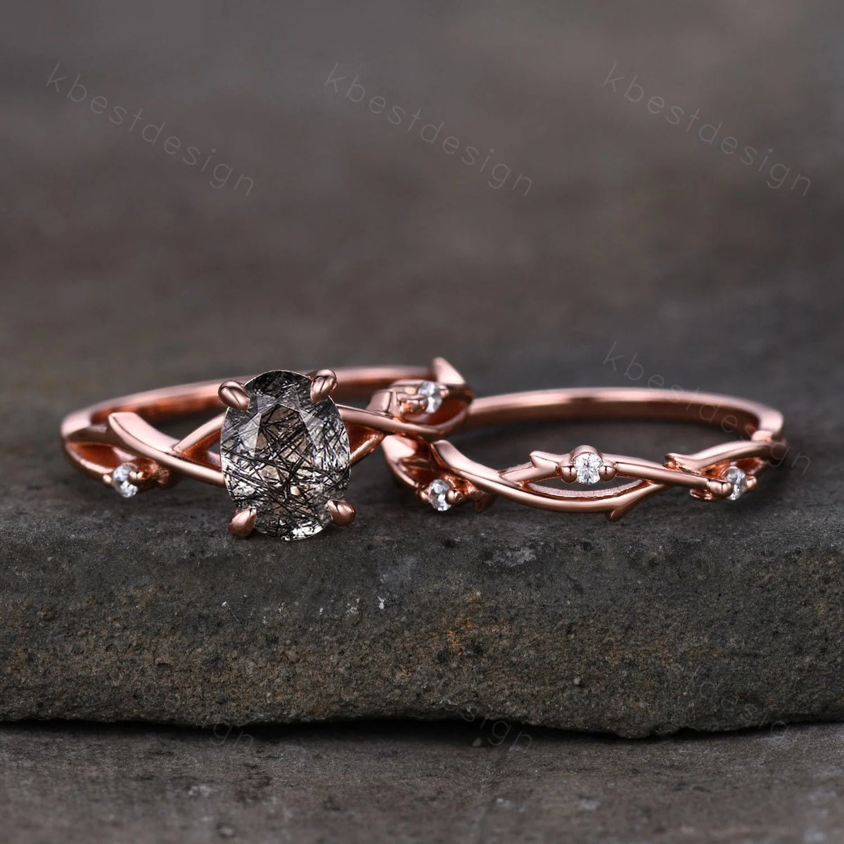 Vintage black rutilated quartz engagement ring 14k rose gold oval cut ring art deco twig leaf stacking band unique bridal wedding ring set