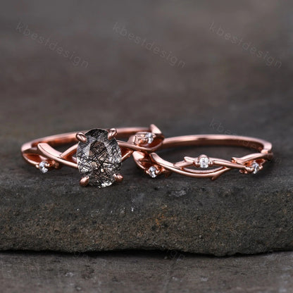 Vintage black rutilated quartz engagement ring 14k rose gold oval cut ring art deco twig leaf stacking band unique bridal wedding ring set