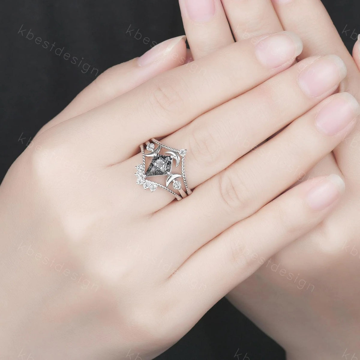 3PCS black rutilated quartz engagement ring set unique moon goddess ring art deco curved mopissanite stacking bridal promise wedding set