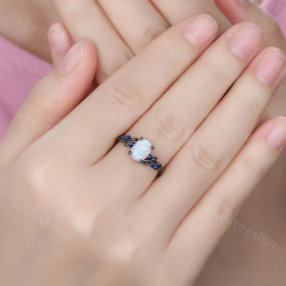 Vintage oval opal engagement ring set black gold rings unique opal blue sapphire wedding ring art deco branch leaf ring promise ring set