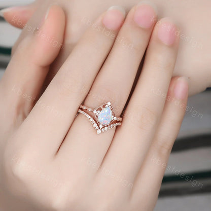 Pear shaped Opal engagement ring set rose gold opal ring vintage moissanite wedding ring October birthstone ring unique bridal wedding set