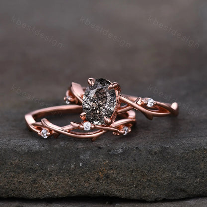 Vintage black rutilated quartz engagement ring 14k rose gold oval cut ring art deco twig leaf stacking band unique bridal wedding ring set