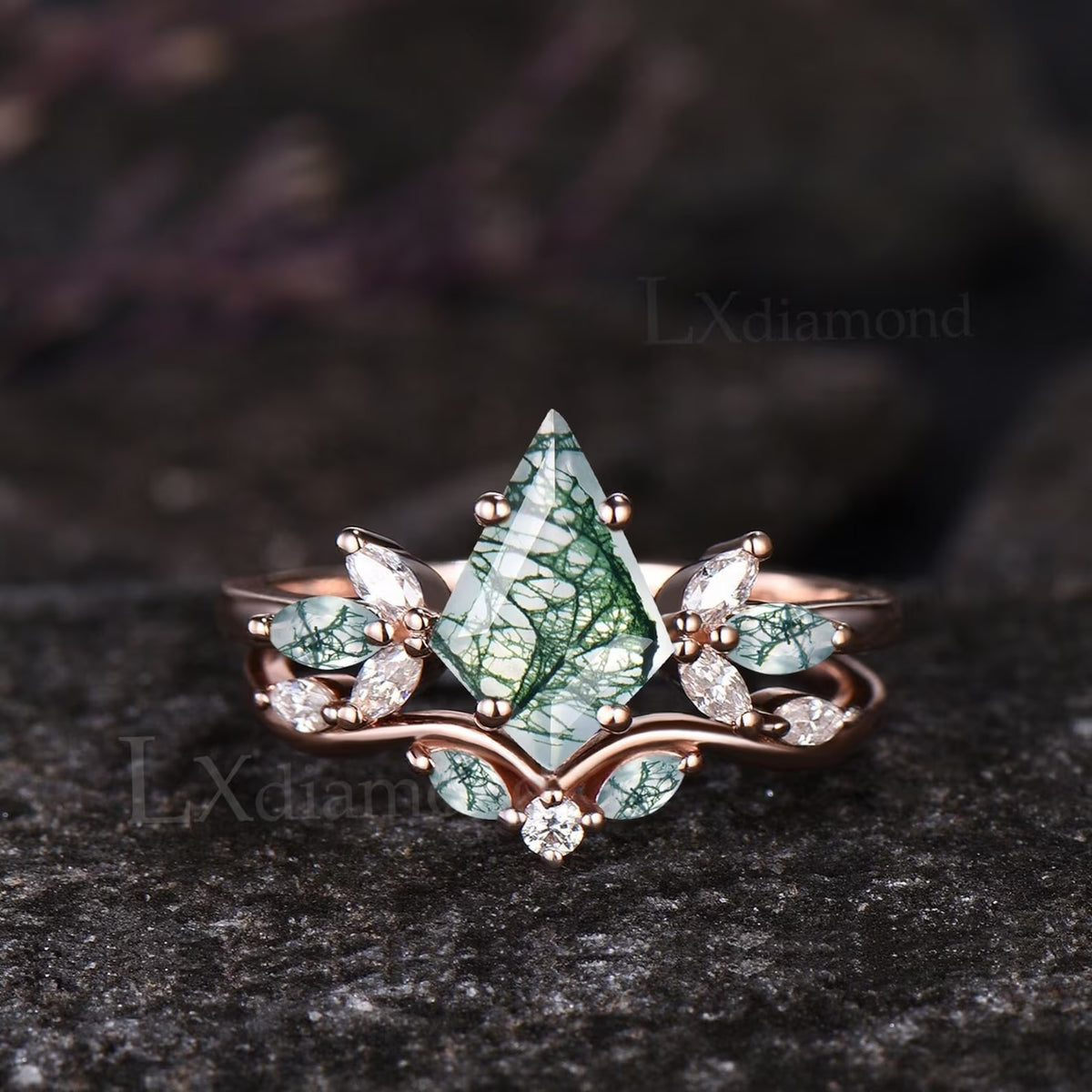 Kite Cut Green Moss Agate Engagement Ring Set Unique Marquise Natural Green Gemstone Cluster Ring 925 Sterling Silver 2pcs Bridal Ring Set