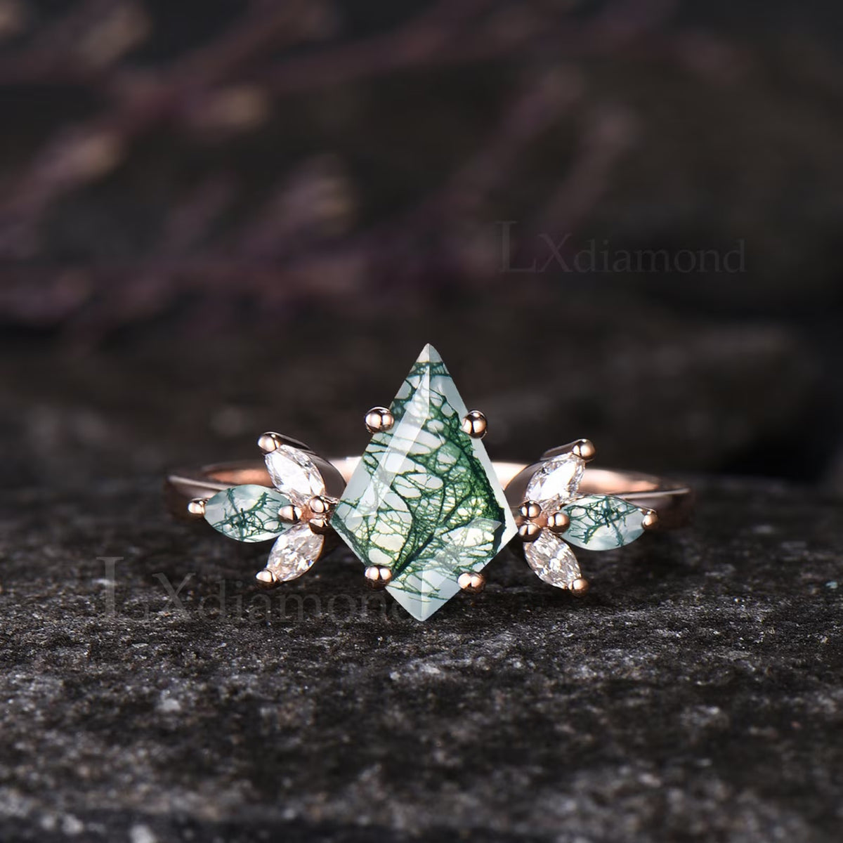 Kite Cut Green Moss Agate Engagement Ring Set Unique Marquise Natural Green Gemstone Cluster Ring 925 Sterling Silver 2pcs Bridal Ring Set