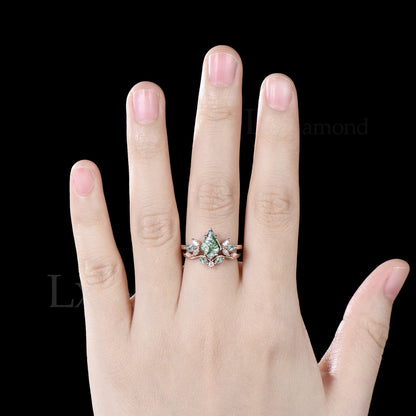 Kite Cut Green Moss Agate Engagement Ring Set Unique Marquise Natural Green Gemstone Cluster Ring 925 Sterling Silver 2pcs Bridal Ring Set