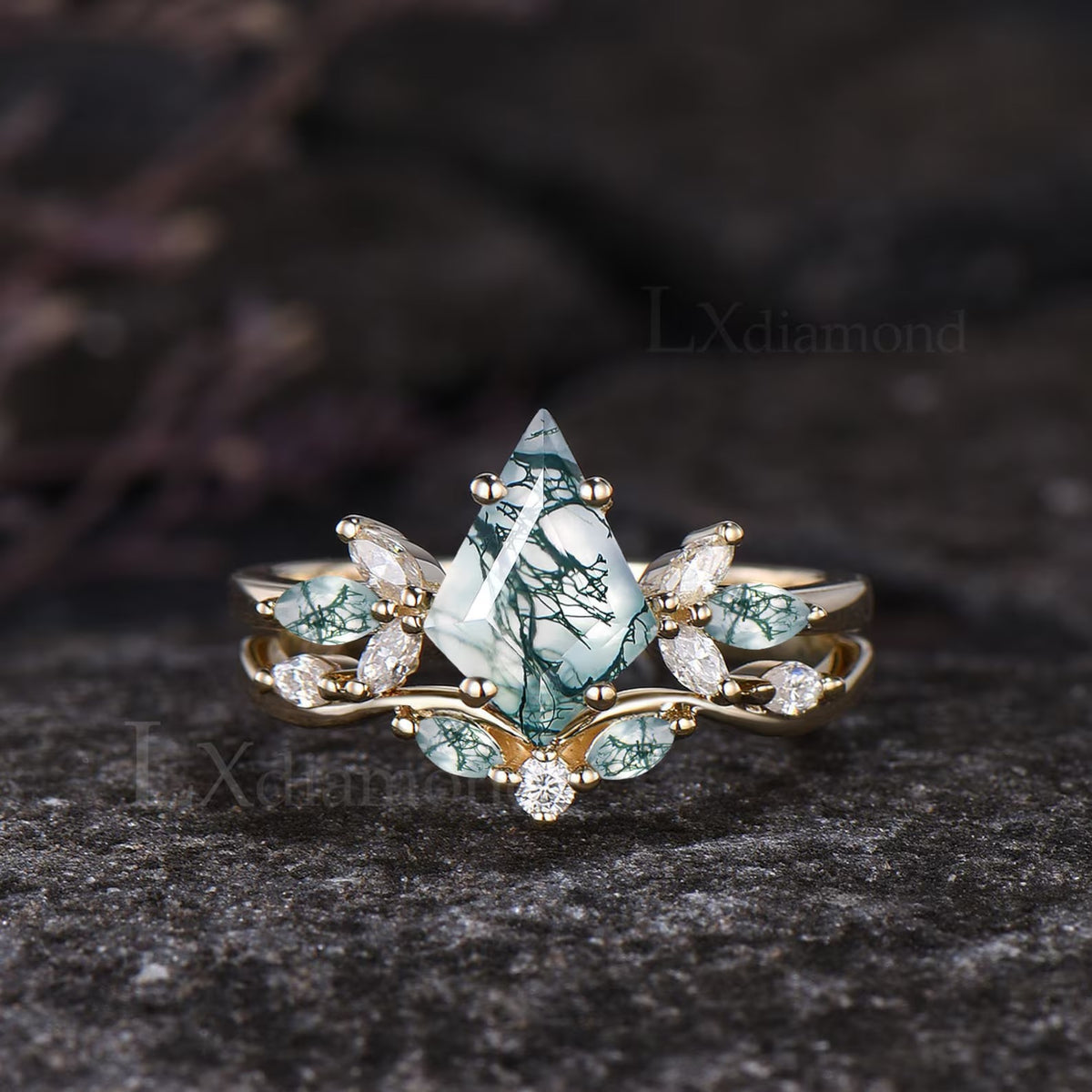 Kite Cut Green Moss Agate Engagement Ring Set Unique Marquise Natural Green Gemstone Cluster Ring 925 Sterling Silver 2pcs Bridal Ring Set