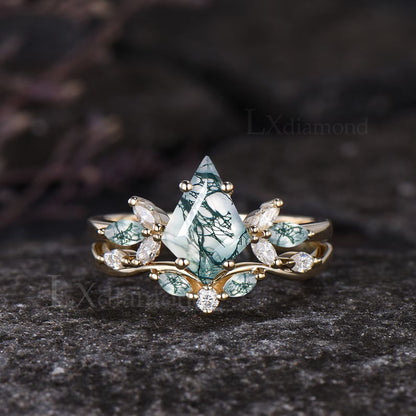 Kite Cut Green Moss Agate Engagement Ring Set Unique Marquise Natural Green Gemstone Cluster Ring 925 Sterling Silver 2pcs Bridal Ring Set