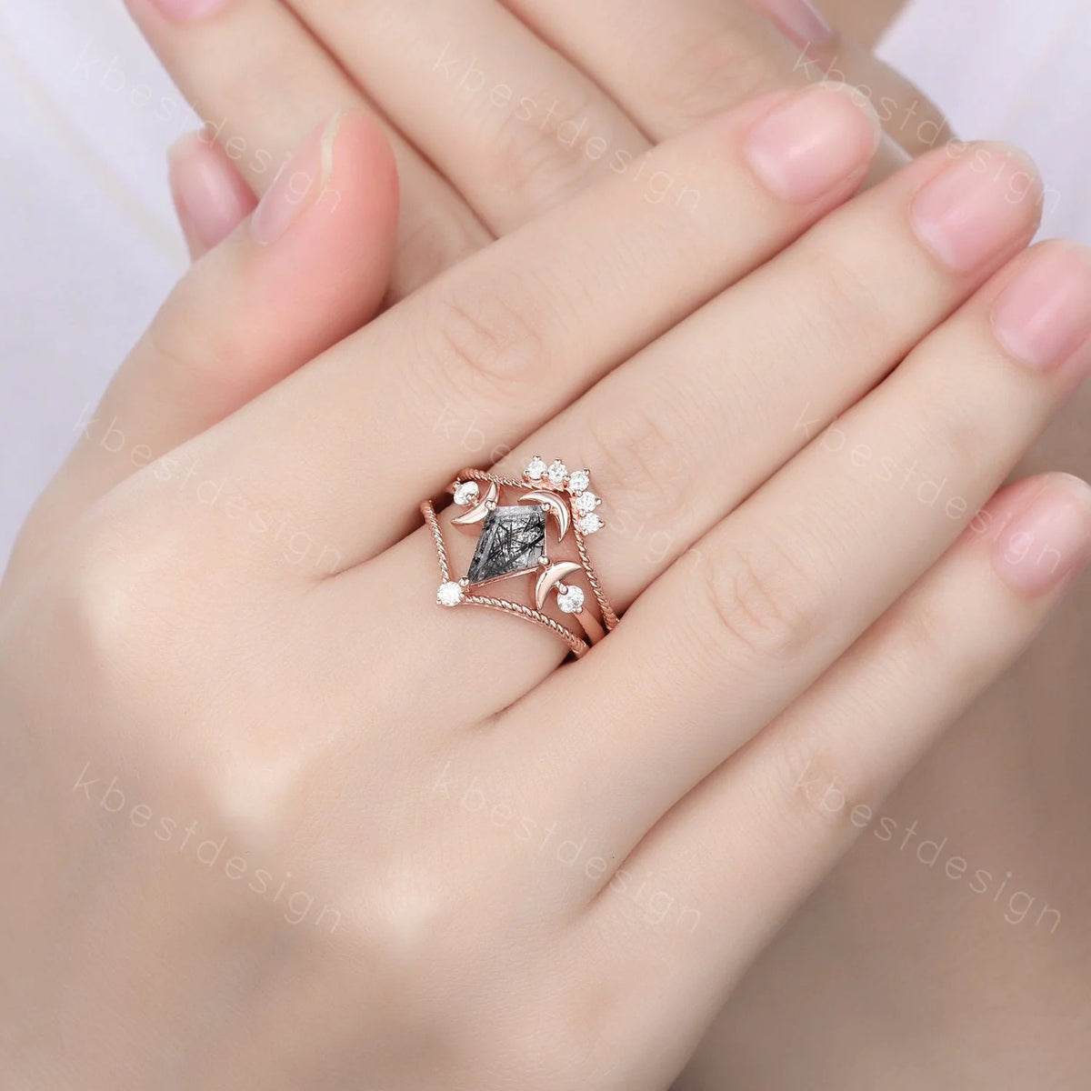 3PCS black rutilated quartz engagement ring set unique moon goddess ring art deco curved mopissanite stacking bridal promise wedding set