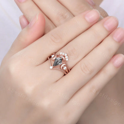 3PCS black rutilated quartz engagement ring set unique moon goddess ring art deco curved mopissanite stacking bridal promise wedding set