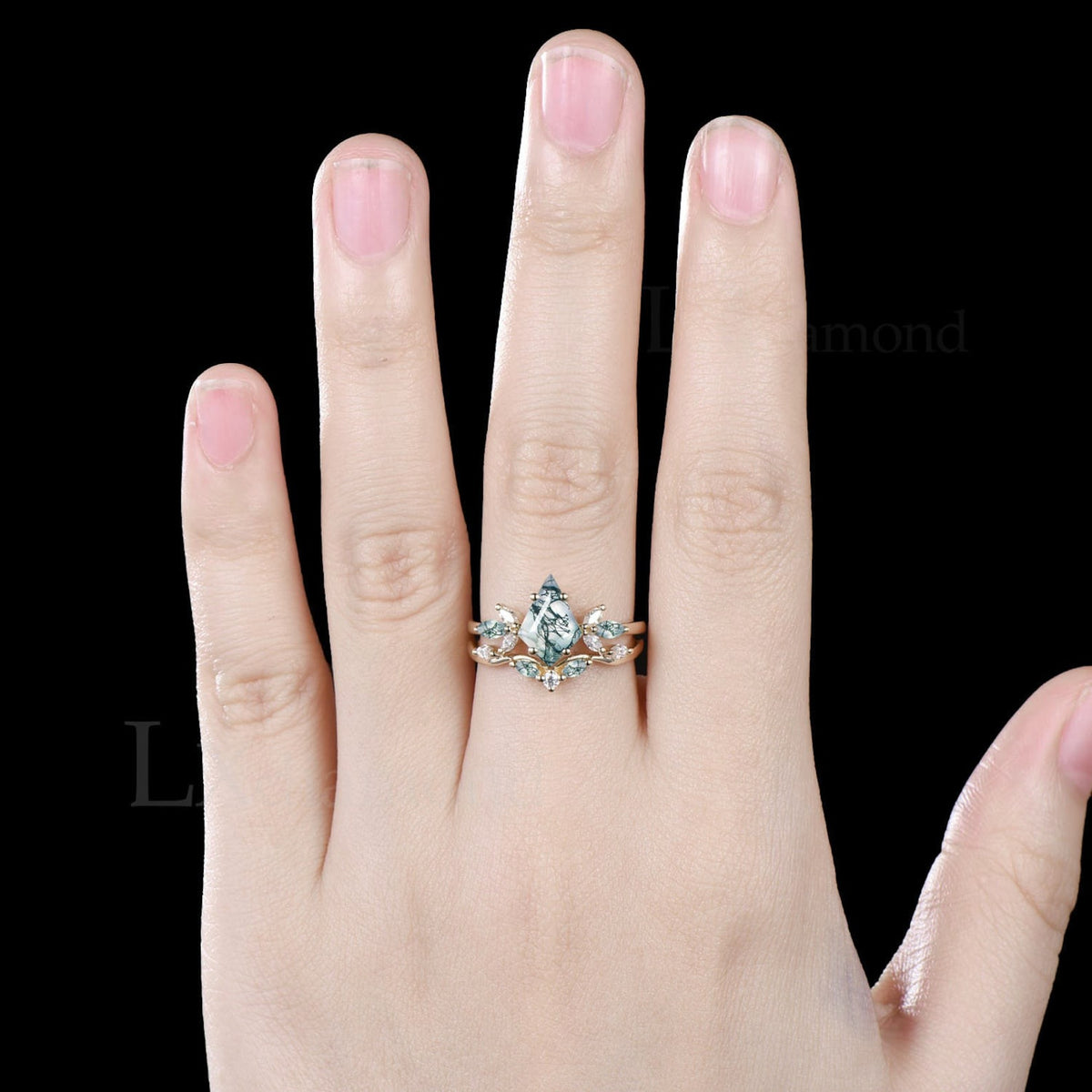 Kite Cut Green Moss Agate Engagement Ring Set Unique Marquise Natural Green Gemstone Cluster Ring 925 Sterling Silver 2pcs Bridal Ring Set