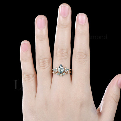 Kite Cut Green Moss Agate Engagement Ring Set Unique Marquise Natural Green Gemstone Cluster Ring 925 Sterling Silver 2pcs Bridal Ring Set