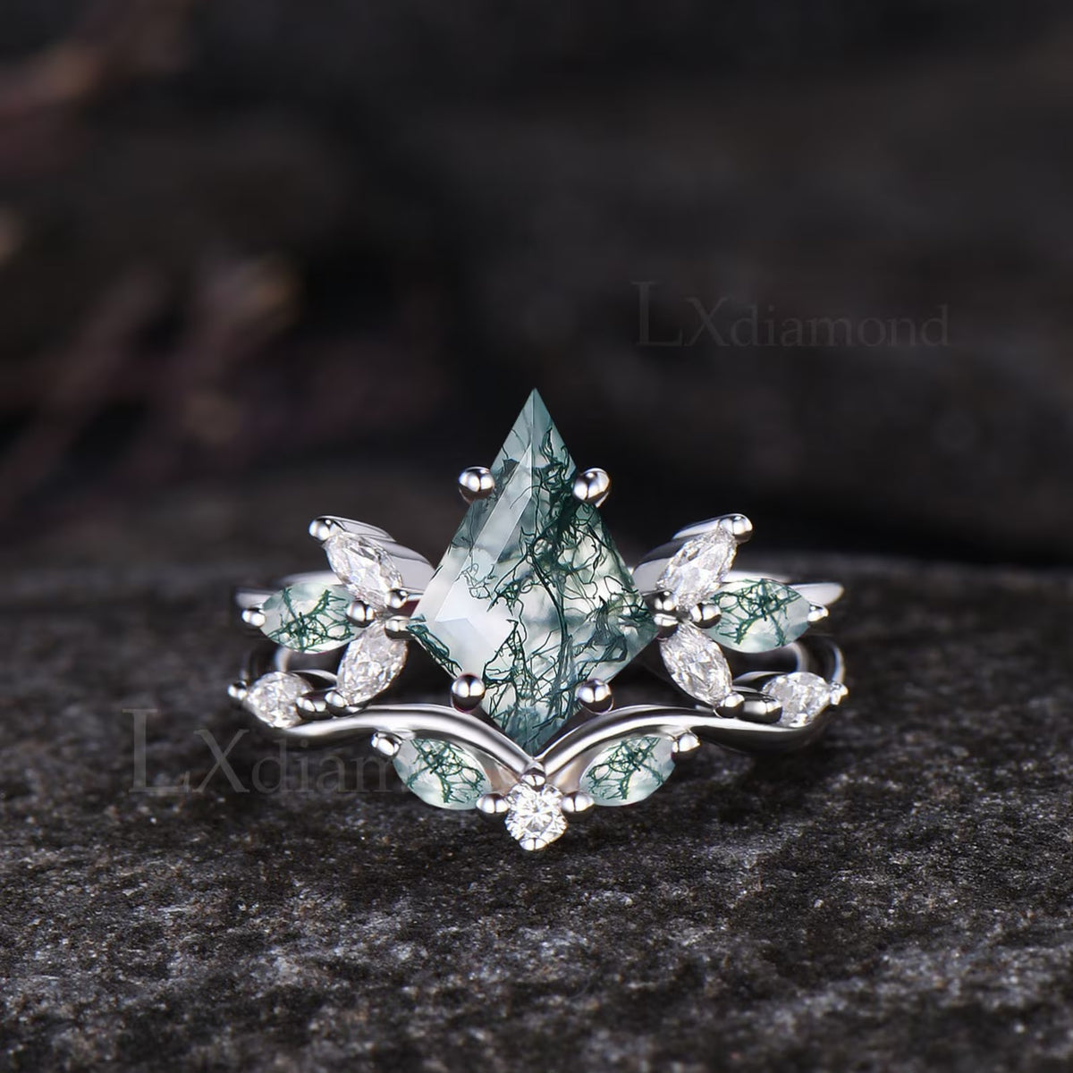 Kite Cut Green Moss Agate Engagement Ring Set Unique Marquise Natural Green Gemstone Cluster Ring 925 Sterling Silver 2pcs Bridal Ring Set