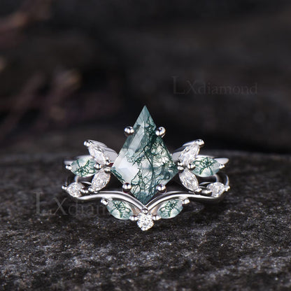 Kite Cut Green Moss Agate Engagement Ring Set Unique Marquise Natural Green Gemstone Cluster Ring 925 Sterling Silver 2pcs Bridal Ring Set