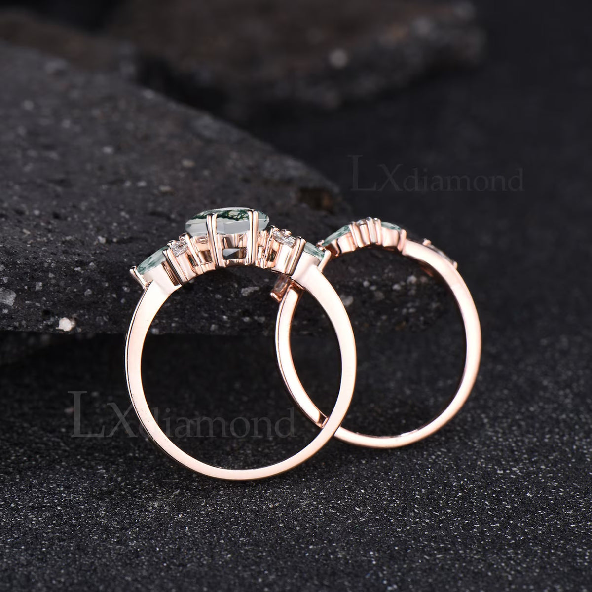 Kite Cut Green Moss Agate Engagement Ring Set Unique Marquise Natural Green Gemstone Cluster Ring 925 Sterling Silver 2pcs Bridal Ring Set