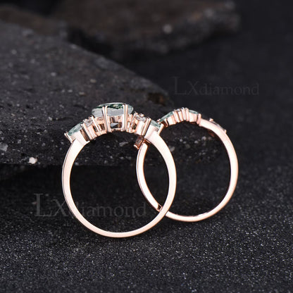 Kite Cut Green Moss Agate Engagement Ring Set Unique Marquise Natural Green Gemstone Cluster Ring 925 Sterling Silver 2pcs Bridal Ring Set