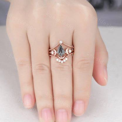 3PCS black rutilated quartz engagement ring set unique moon goddess ring art deco curved mopissanite stacking bridal promise wedding set