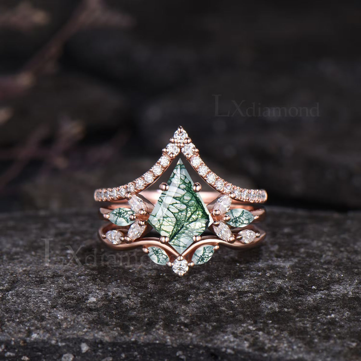 Kite Cut Green Moss Agate Engagement Ring Set Unique Marquise Natural Green Gemstone Cluster Ring 925 Sterling Silver 2pcs Bridal Ring Set