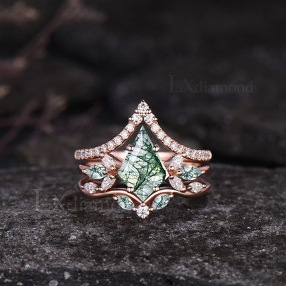 Kite Cut Green Moss Agate Engagement Ring Set Unique Marquise Natural Green Gemstone Cluster Ring 925 Sterling Silver 2pcs Bridal Ring Set