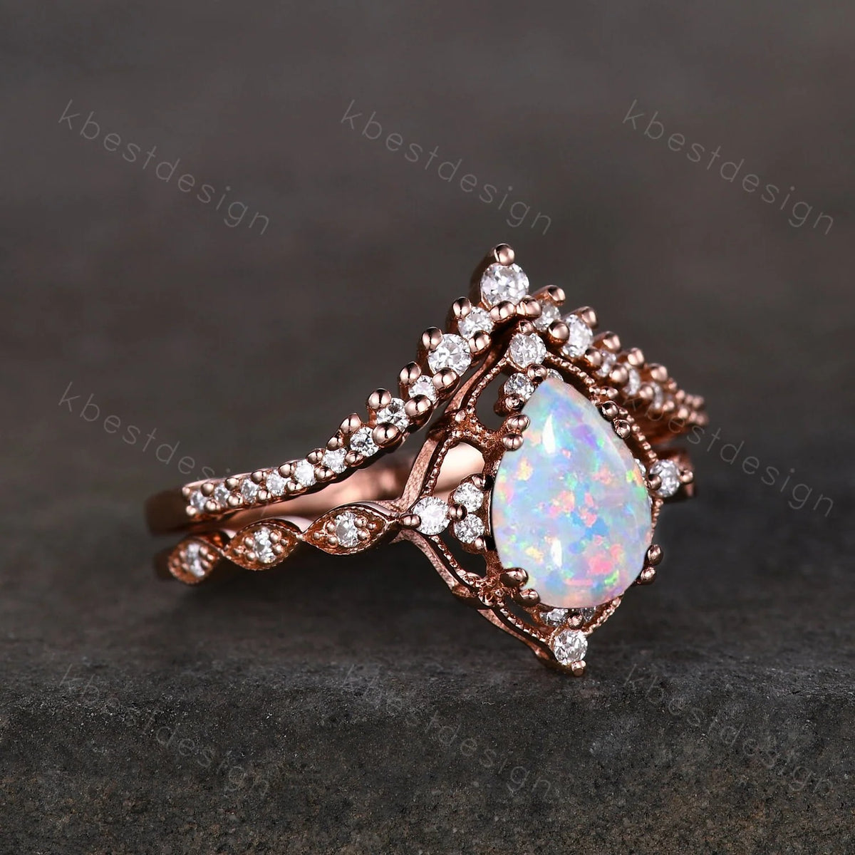 Pear shaped Opal engagement ring set rose gold opal ring vintage moissanite wedding ring October birthstone ring unique bridal wedding set