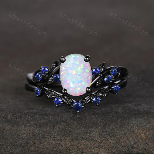 Vintage oval opal engagement ring set black gold rings unique opal blue sapphire wedding ring art deco branch leaf ring promise ring set