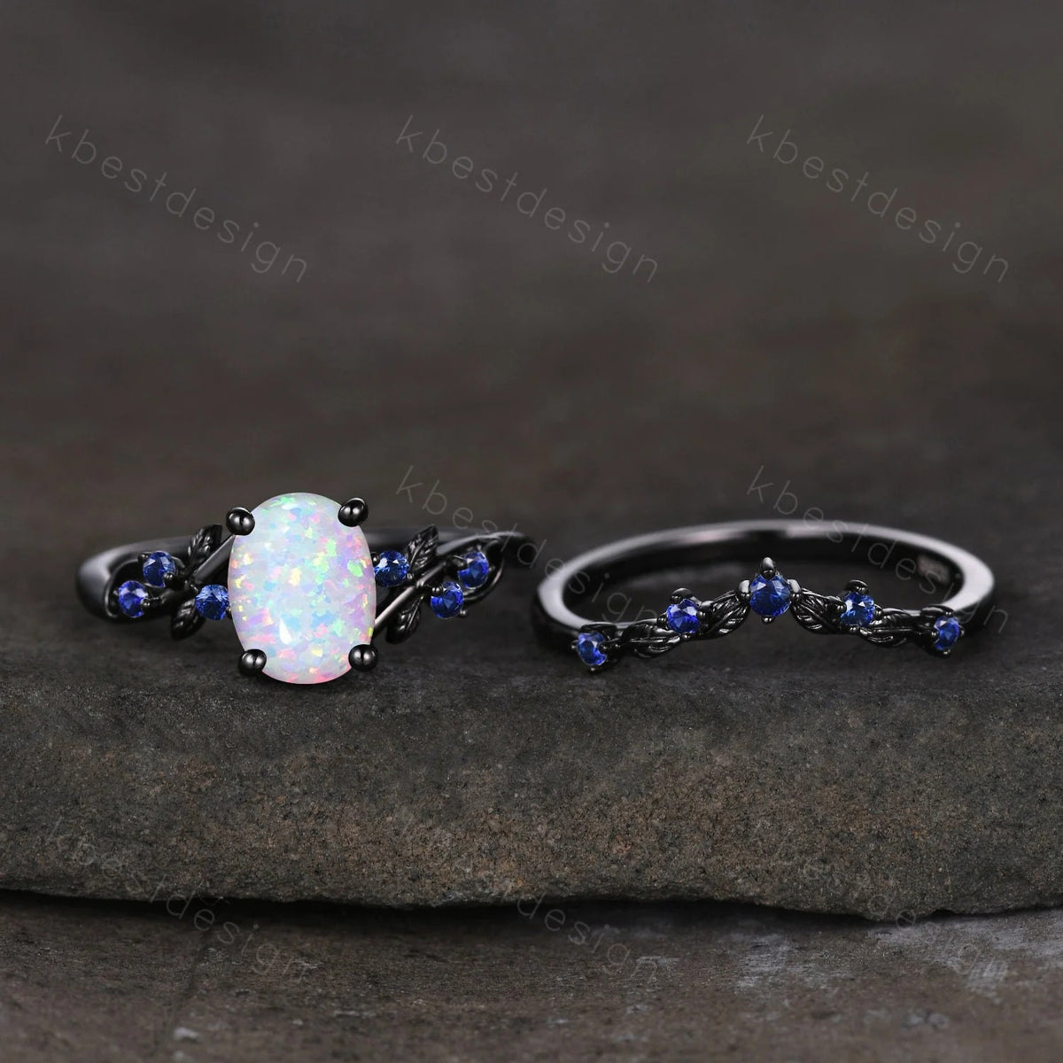 Vintage oval opal engagement ring set black gold rings unique opal blue sapphire wedding ring art deco branch leaf ring promise ring set