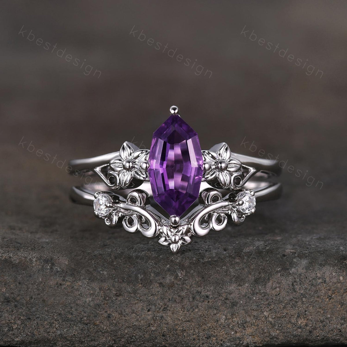 Antique Amethyst Engagement Ring Floral Hexagon cut Amethyst Bridal Set Unique Curved Moissanite Wedding Ring Anniversary Promise Gift